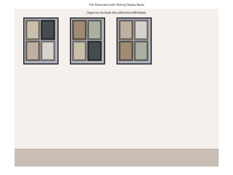 Tile showroom setup with multiple sliding display racks