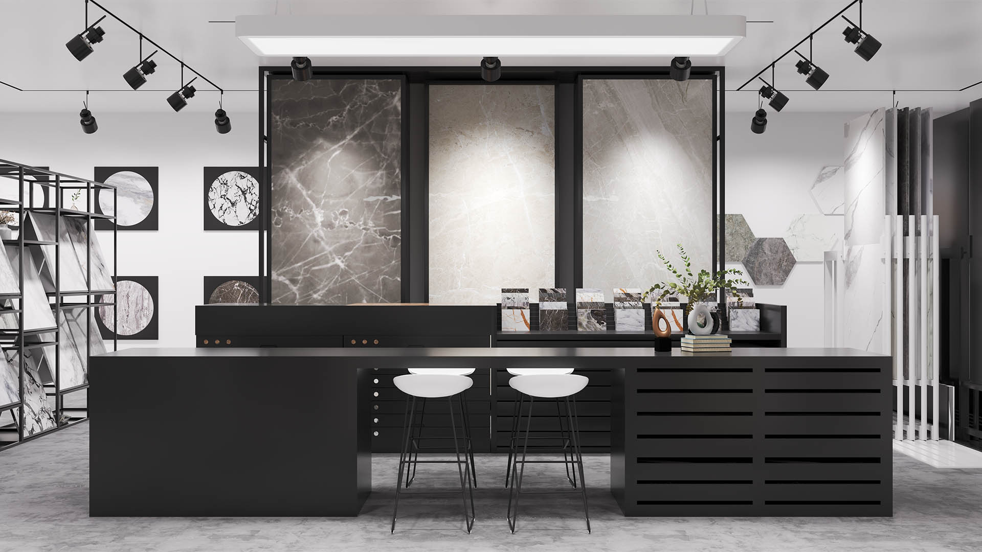 Tile collections presented across a showroom wall