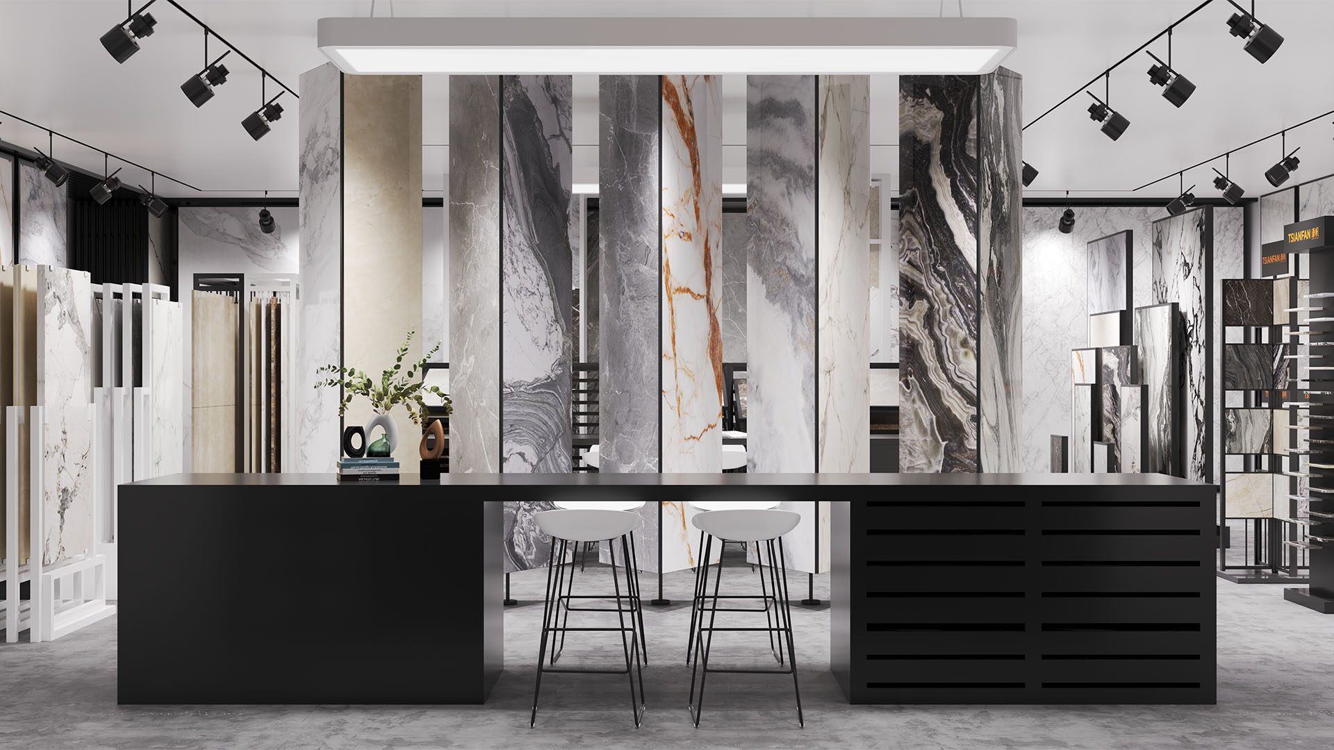 Tile and stone collections arranged in a display showroom