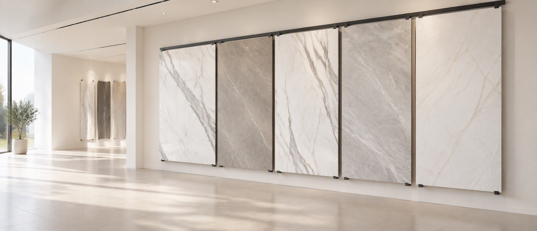 Wall-mounted large-format tile display in a clean showroom