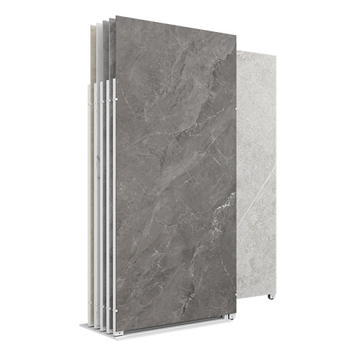Tile display racks with sliding panels for ceramic and porcelain tiles