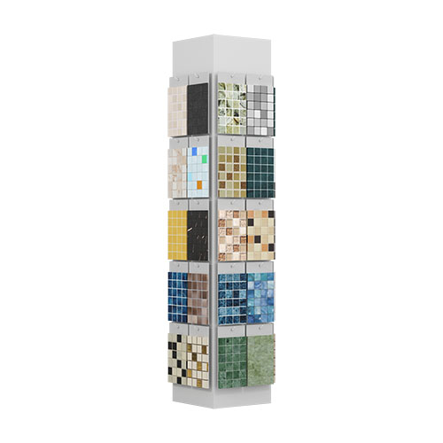 Mosaic tile display unit with waterfall and rotating racks