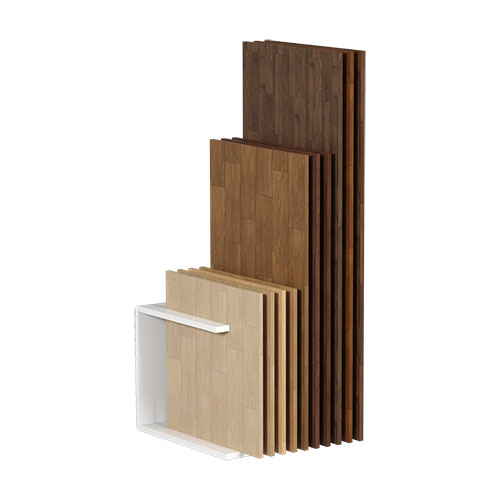 Wood flooring display rack with push-pull sample panels