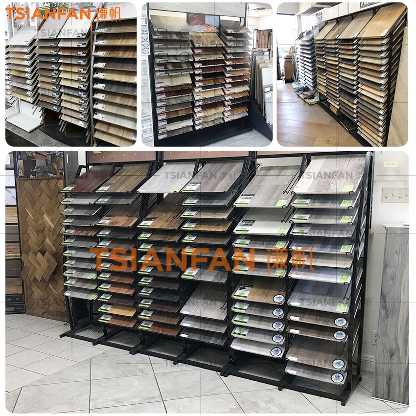 Customize Solid Wood Floor Stand Display For Showroom wood Plank Metal Shelf - Image 4