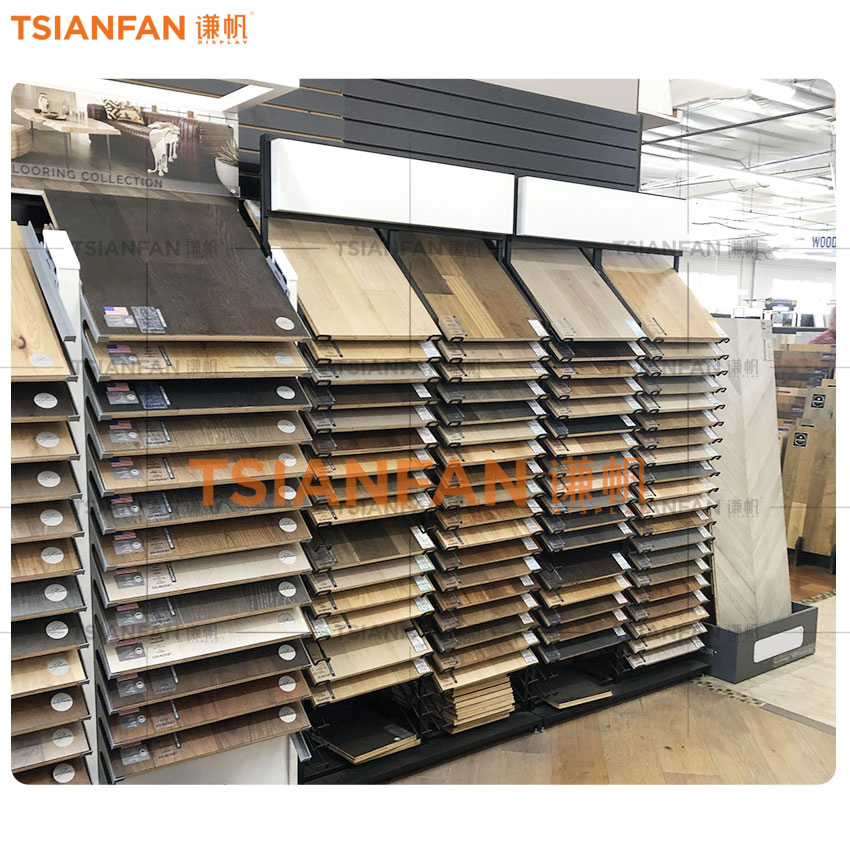 Customize Solid Wood Floor Stand Display For Showroom wood Plank Metal Shelf - Image 3