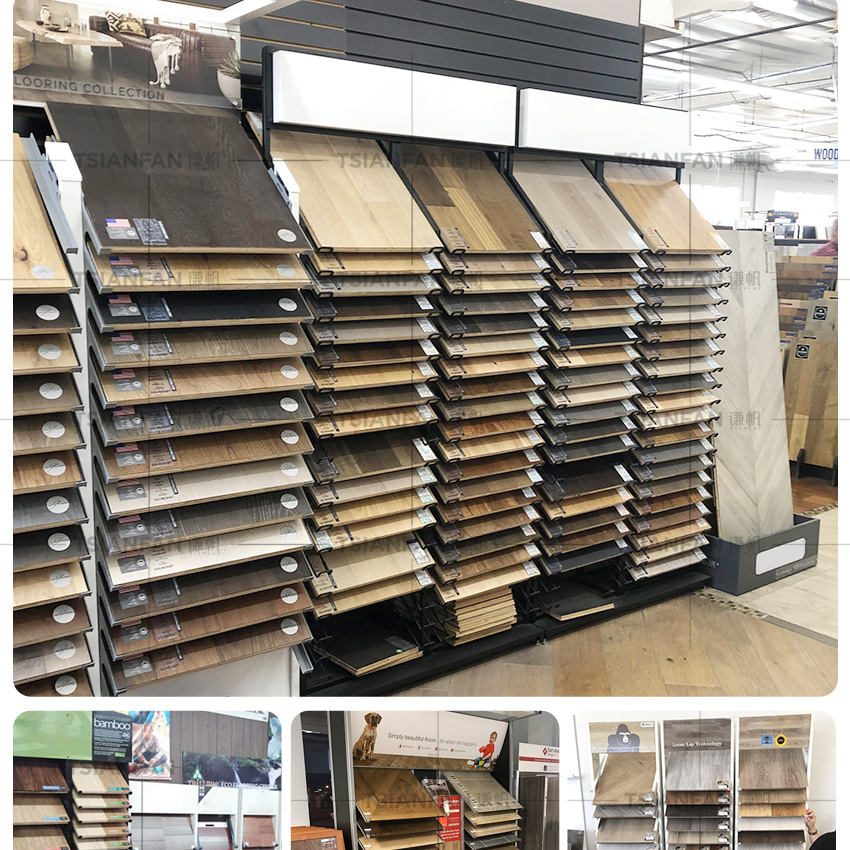 Customize Solid Wood Floor Stand Display For Showroom wood Plank Metal Shelf