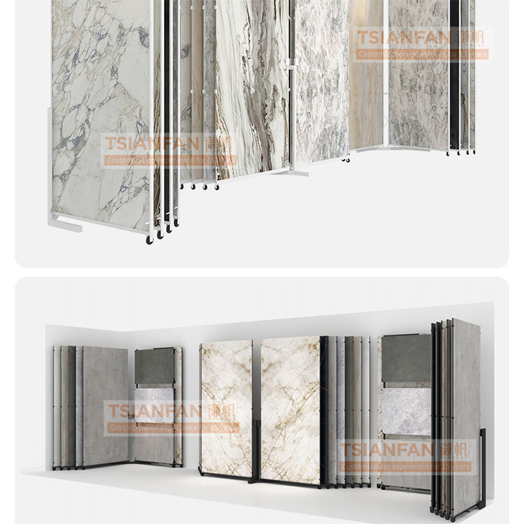 Customize Large tile marble slab page turning sliding display rack metal flooring rack