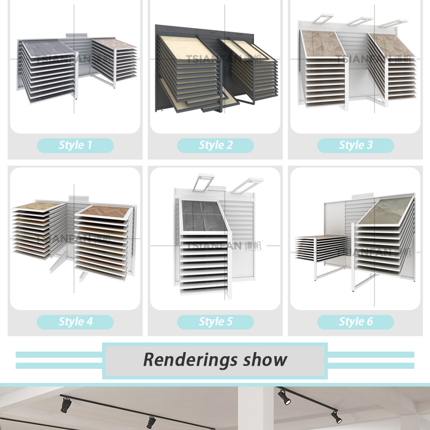 Horizontal push pull bevel tile marble board display stand stone sliding display rack