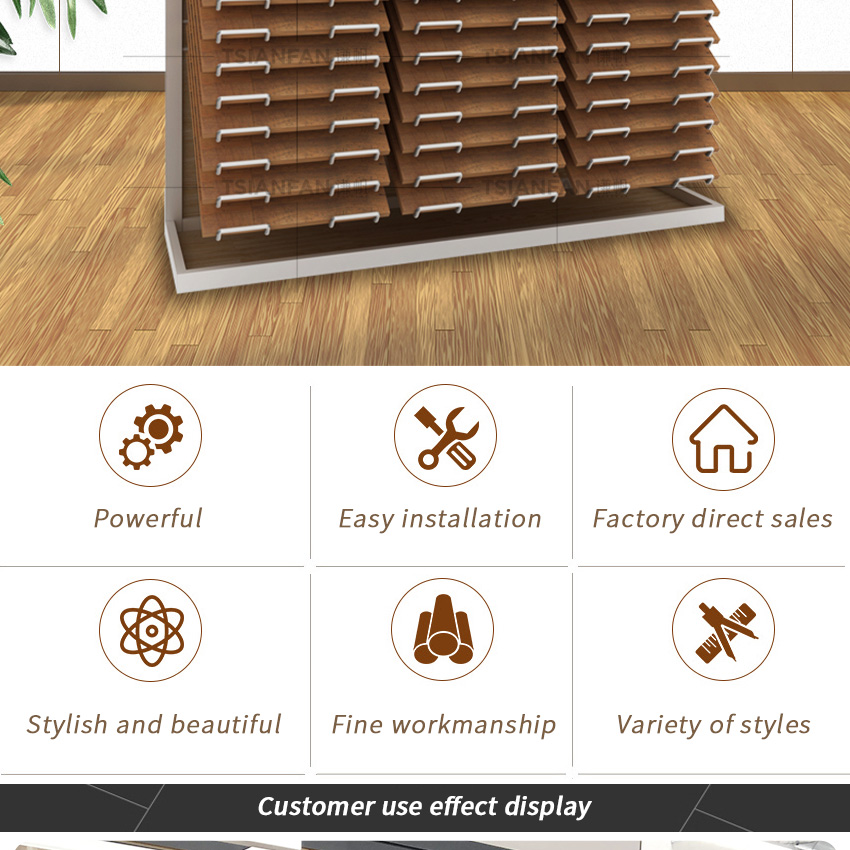 Customize Solid Wood Floor Stand Display For Showroom wood Plank Metal Shelf