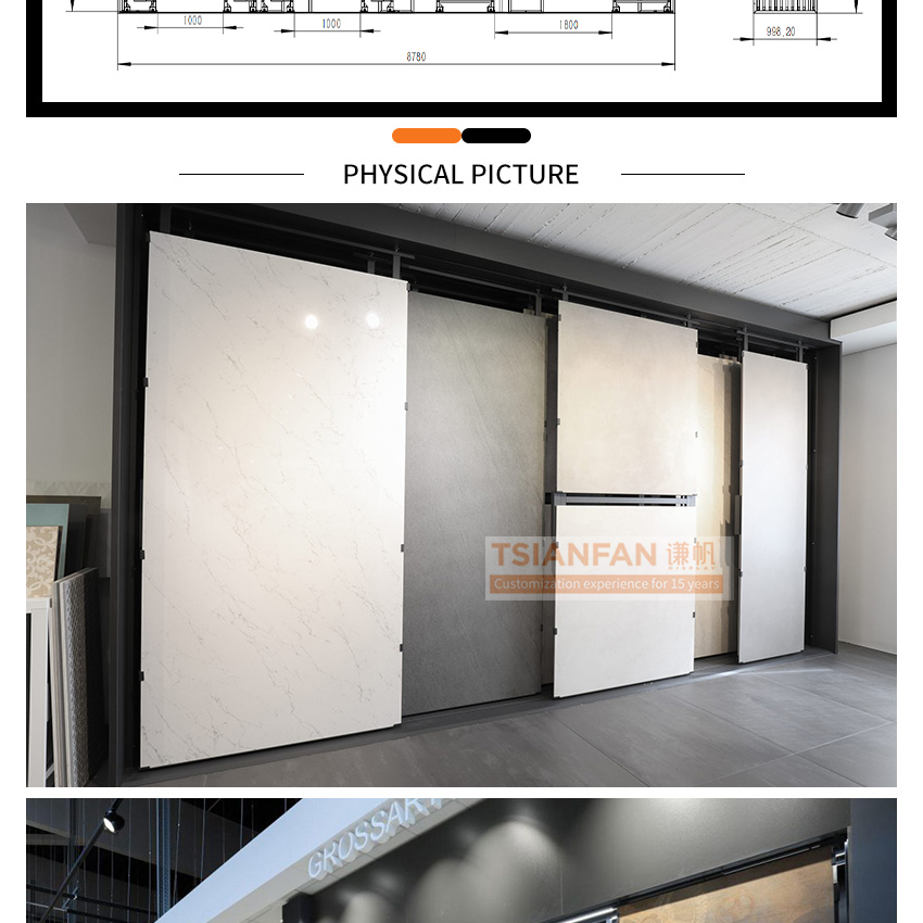 Large ceramic tile display wall push pull display sliding stand