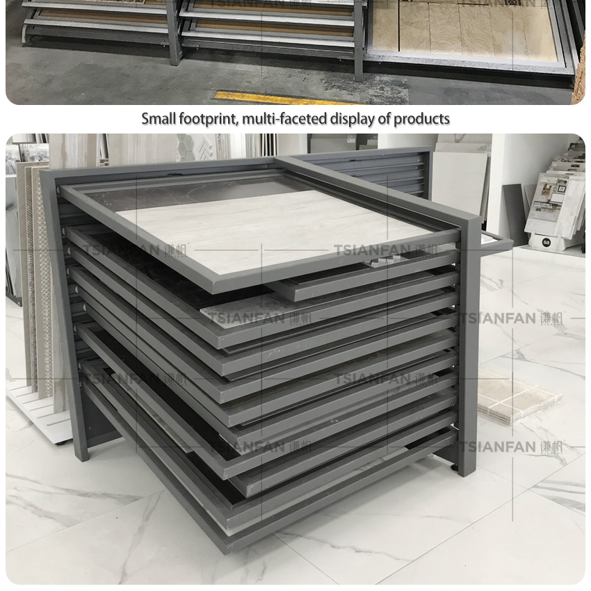 Horizontal push pull bevel tile marble board display stand stone sliding display rack