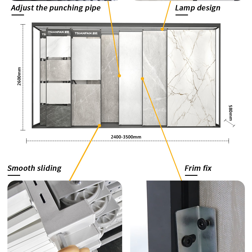 Large tile board push pull sliding display Cabinet Factory Customize For Showroom