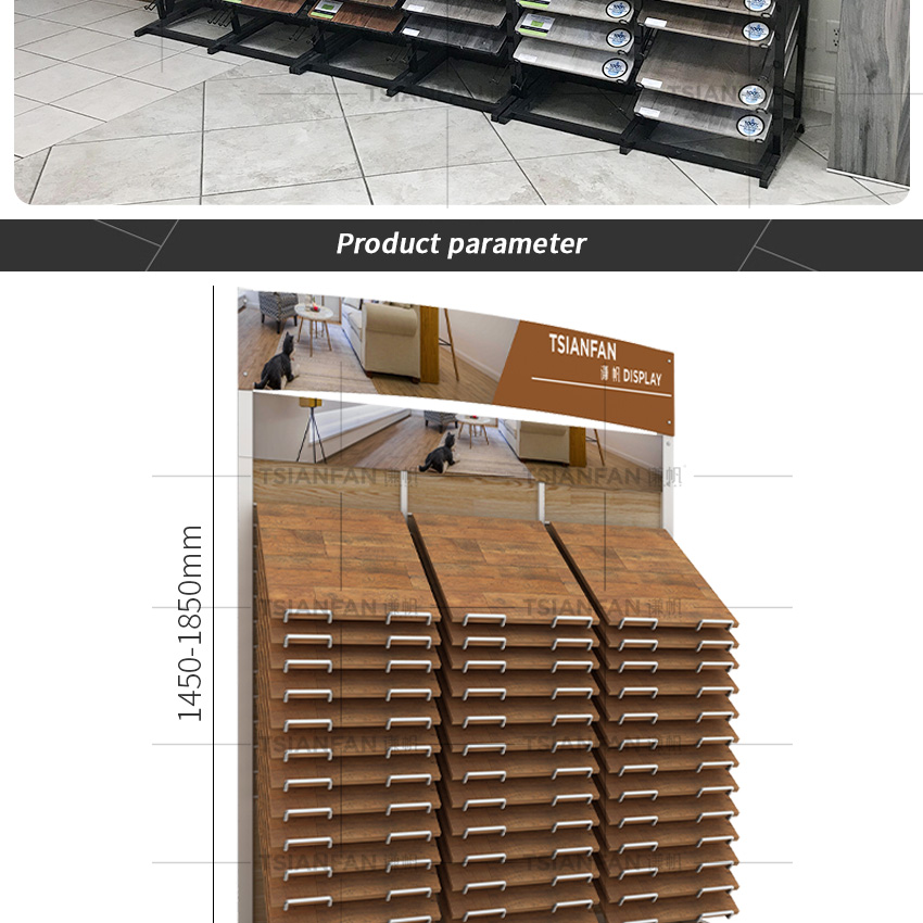 Customize Solid Wood Floor Stand Display For Showroom wood Plank Metal Shelf
