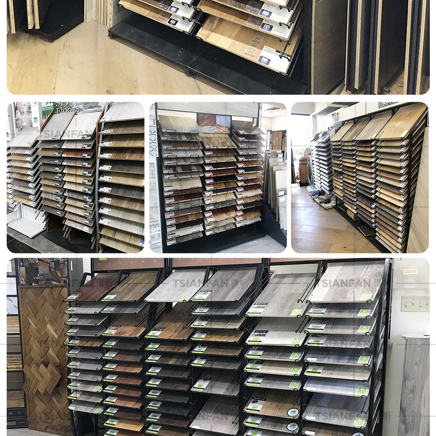Customize Solid Wood Floor Stand Display For Showroom wood Plank Metal Shelf