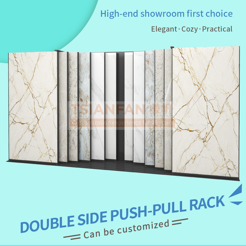 New showroom custom push pull display rack large tile sliding marble slab flooring display rack