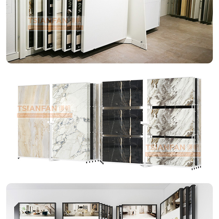 Customize Large tile marble slab page turning sliding display rack metal flooring rack