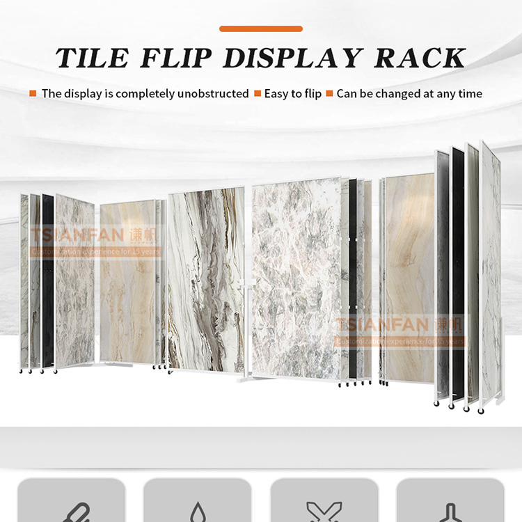 Customize Large tile marble slab page turning sliding display rack metal flooring rack