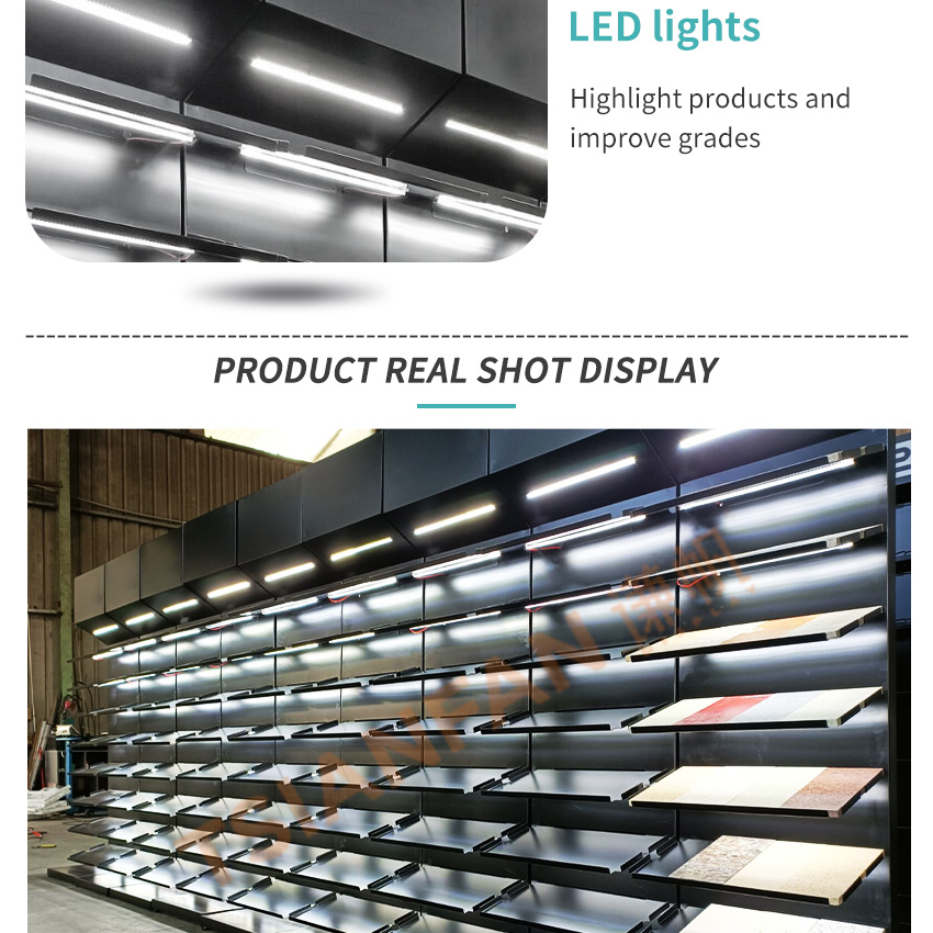 LED light slot Ceramic tile stone display metal floor stand
