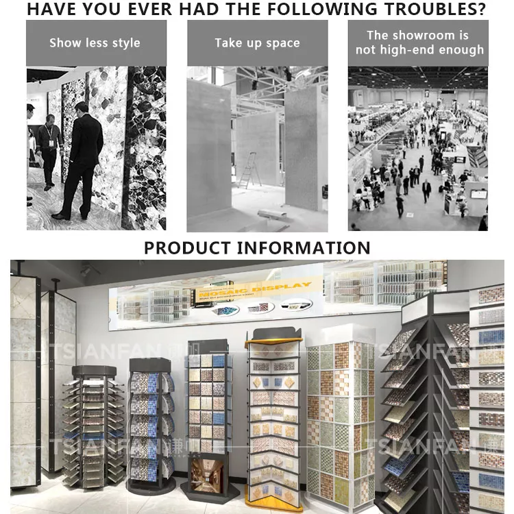 Mosaic Tile Stand Display Rotatable Roll Metal Floor Stand Indoor Exhibition Hall China Factory