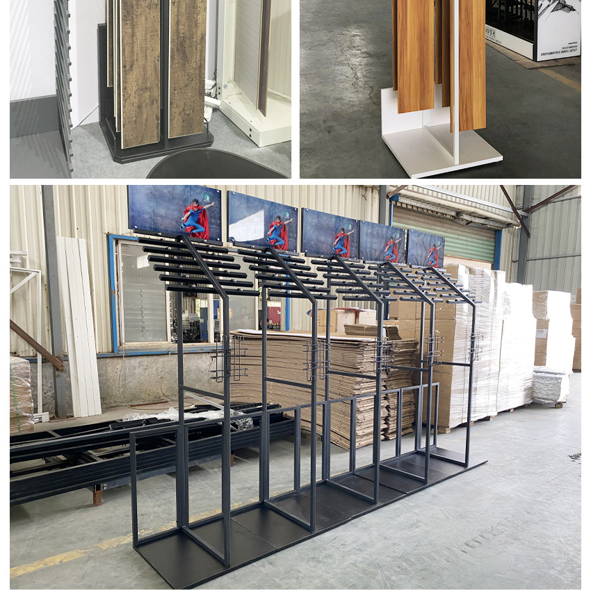 Showroom design Hardwood floor Solid wood floor Metal display Shelf