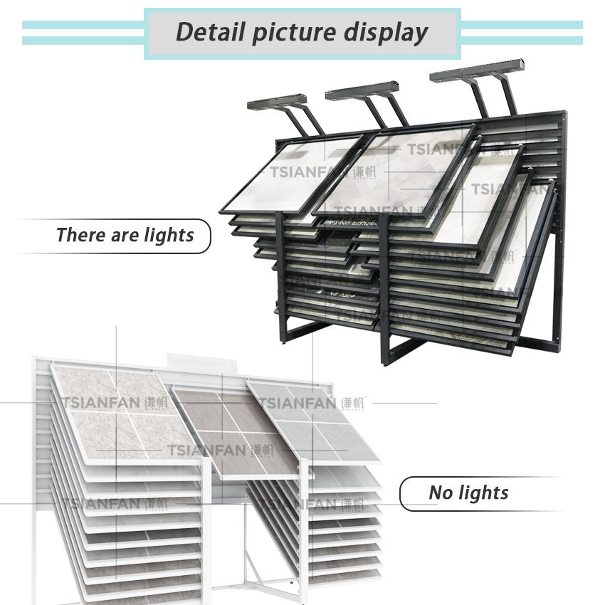 Horizontal push pull bevel tile marble board display stand stone sliding display rack