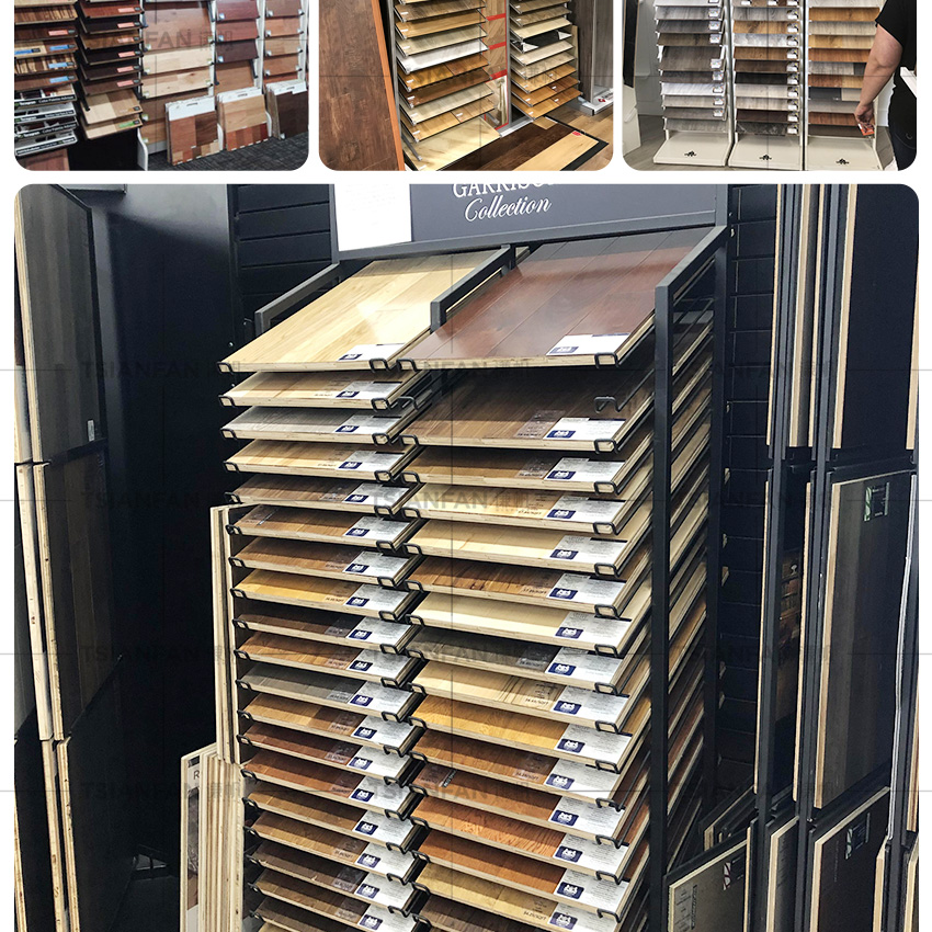 Customize Solid Wood Floor Stand Display For Showroom wood Plank Metal Shelf