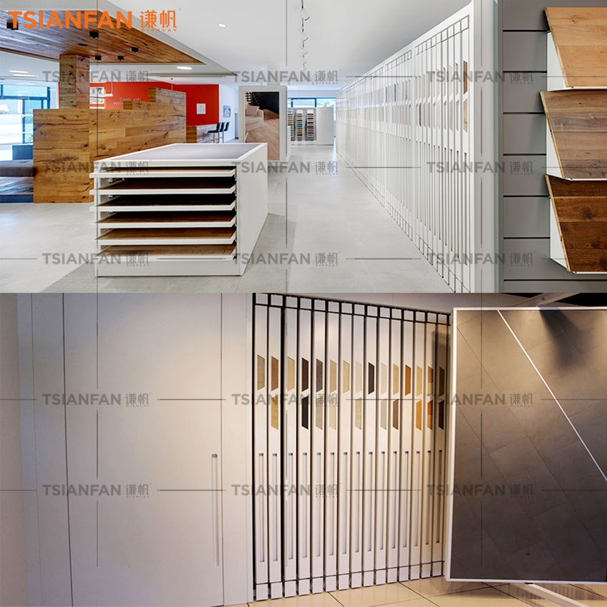High Quality Push Pull Wooden Flooring Display Sliding Rack Showing - Image 4