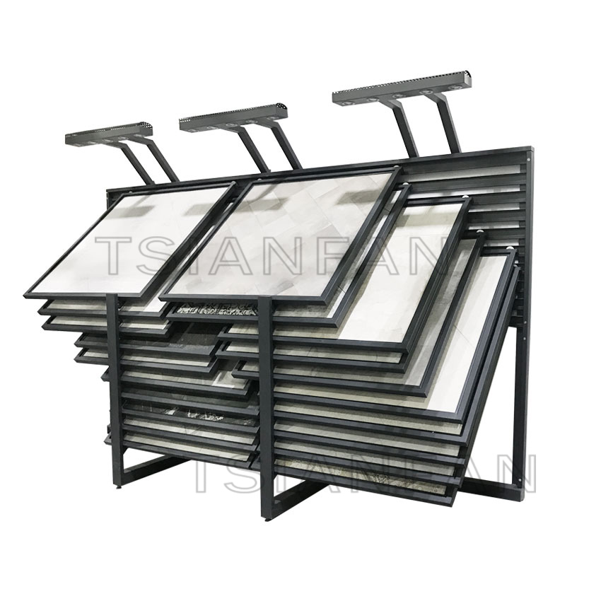 Horizontal push pull bevel tile marble board display stand stone sliding display rack