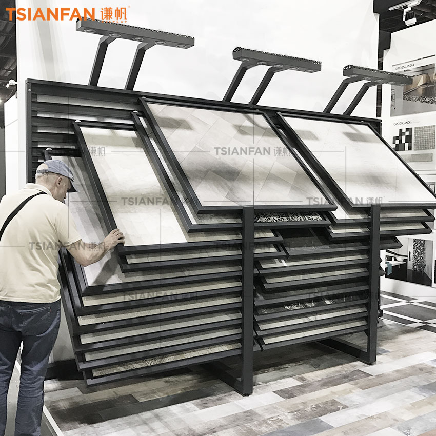 Horizontal push pull bevel tile marble board display stand stone sliding display rack - Image 2