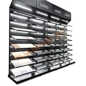 LED light slot  Ceramic tile stone display metal floor  stand Shelf Marble Granite Mosaic For Showroom