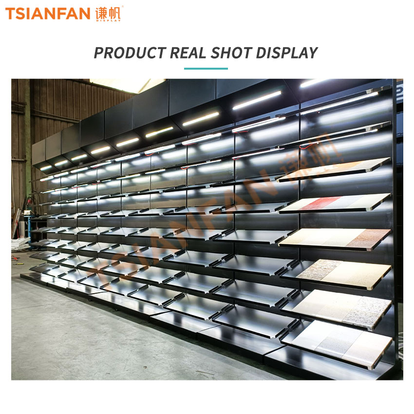 LED light slot Ceramic tile stone display metal floor stand Shelf Marble Granite Mosaic For Showroom - Image 3