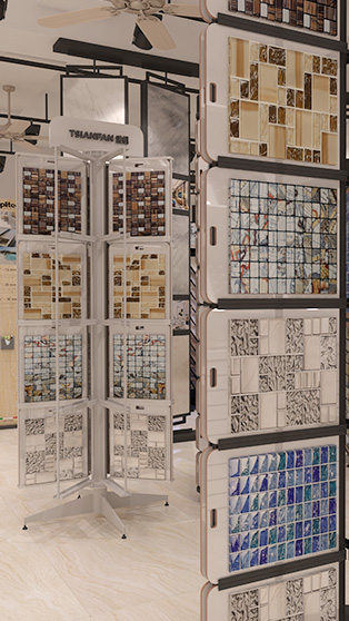 Mosaic tile showroom with mosaic sample display racks