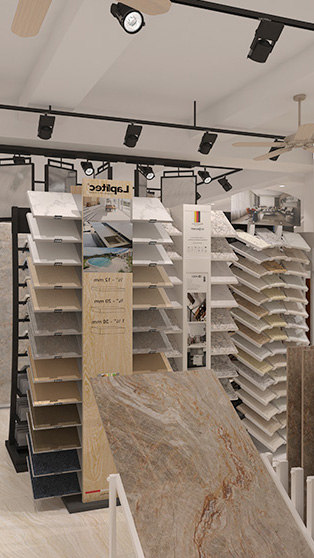 Customizable tile display units arranged in a showroom