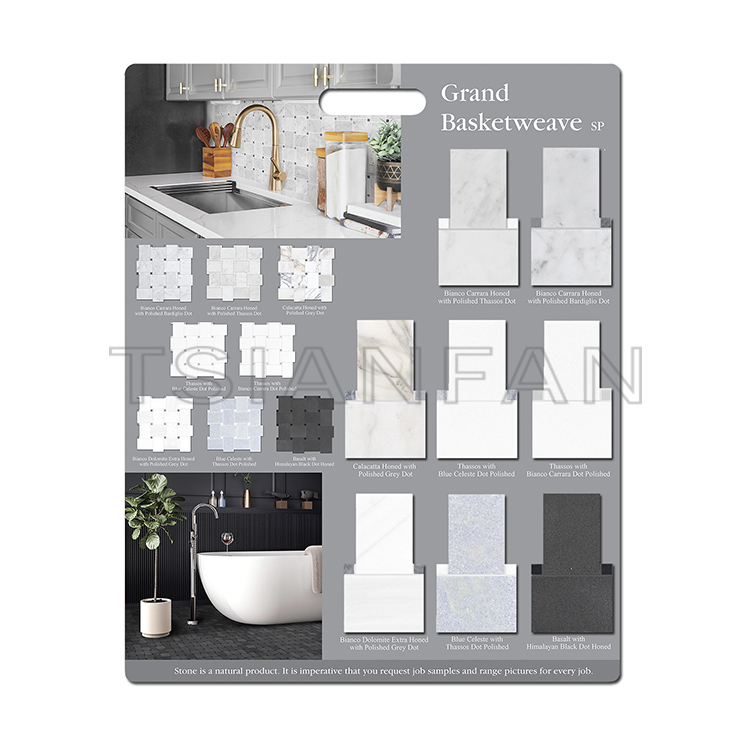 showroom display design mdf board basketweave tile stone sample display board PF005-55