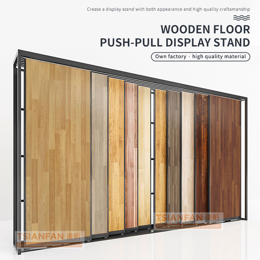 Showroom Wooden floor Slab push pull display Steel rack