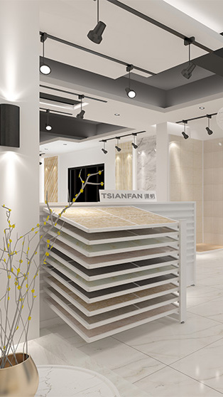 Ceramic tile showroom with sliding tile display racks